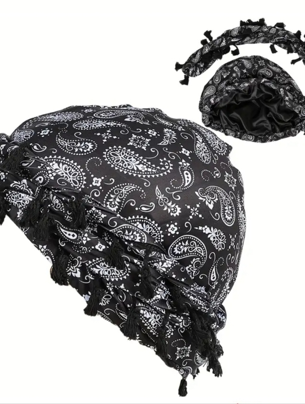 Black Paisley Tassel Satin-Lined Headwrap Cap